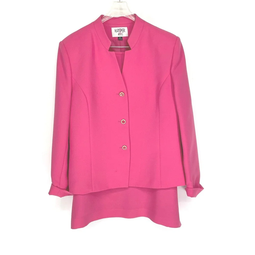 Kasper A.S.L. Womens 16/18 Skirt Suit Pink Mock Neck‎ Gold Button Blazer
